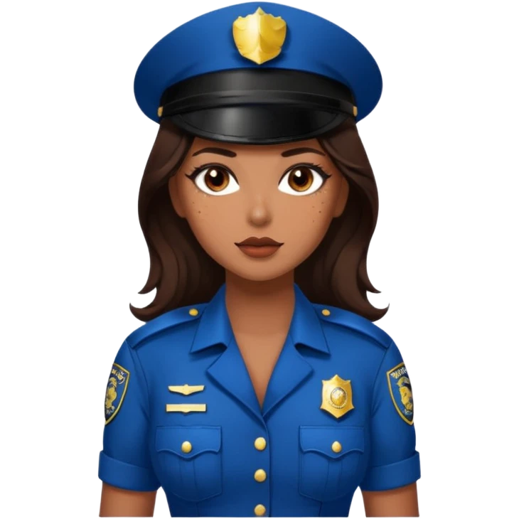 A sexy girl. with caramel skin. Dark brown hair and brown eyes. She has freckles. Wearing sexy makeup. Dressed as a sexy cop. wearing lingerie. Wearing heels on her feet emoji