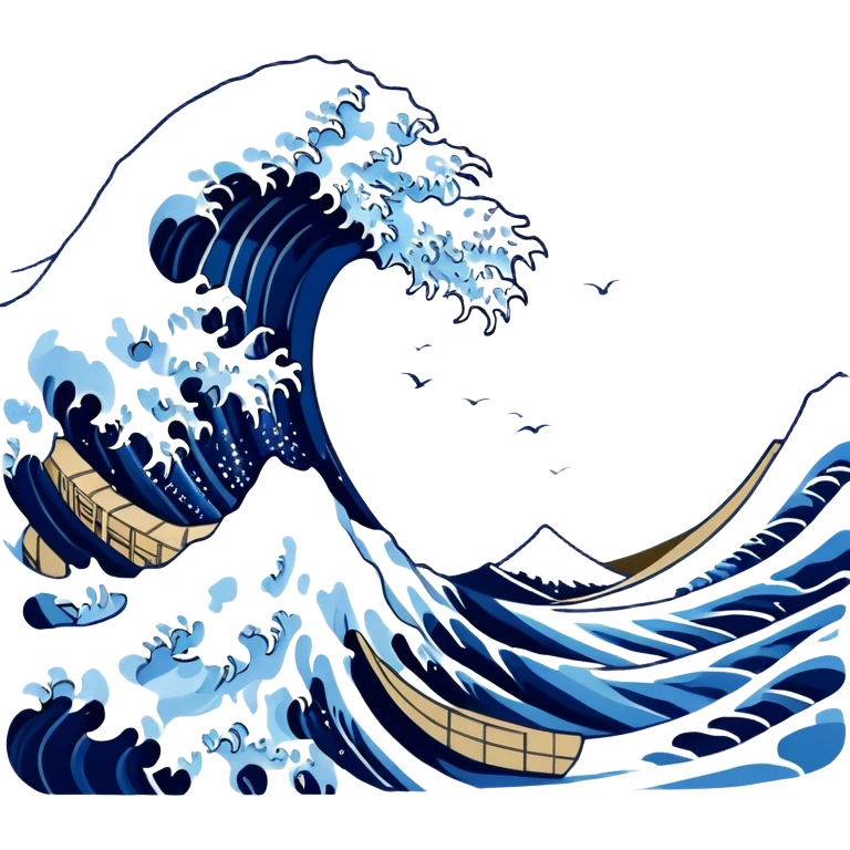 Cinematic Realistic Great Wave off Kanagawa, depicted as a colossal, crashing wave with dynamic blue hues and frothy white crests, rendered with intricate textures and fluid motion that captures both the timeless power and poetic beauty of the iconic Japanese artwork emoji