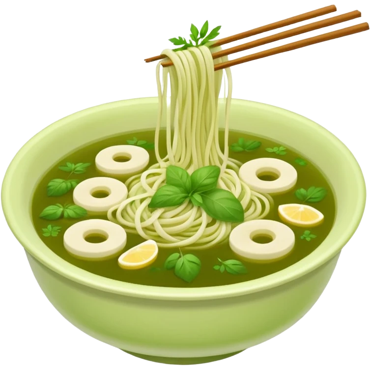 create khmer noodle emoji with green broth and white noodle emoji