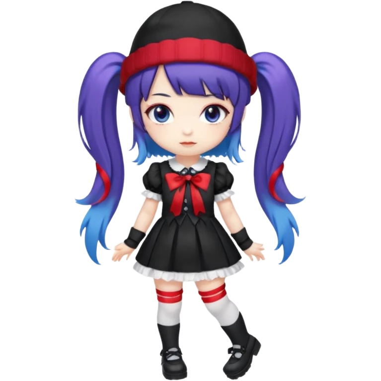 Chibi kawaii, violet eyes, black-blue twin tails, red ribbons, red beanie, black & white lolita dress with red accents, white thigh-highs, black mary janes, cute aesthetic. emoji