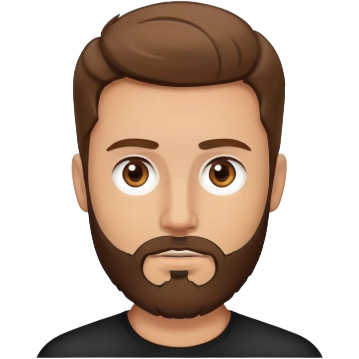 white man with brown hair and beard and hazel eyes wearing black emoji