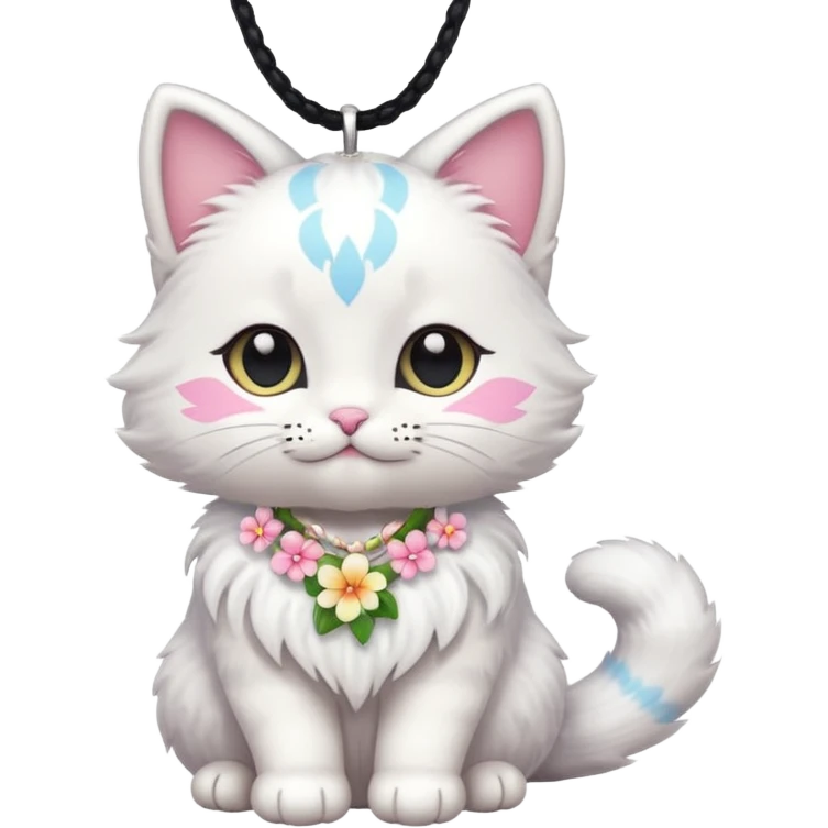 A cute chibi cat with hawaiian pastel flower necklace, posing proudly. emoji