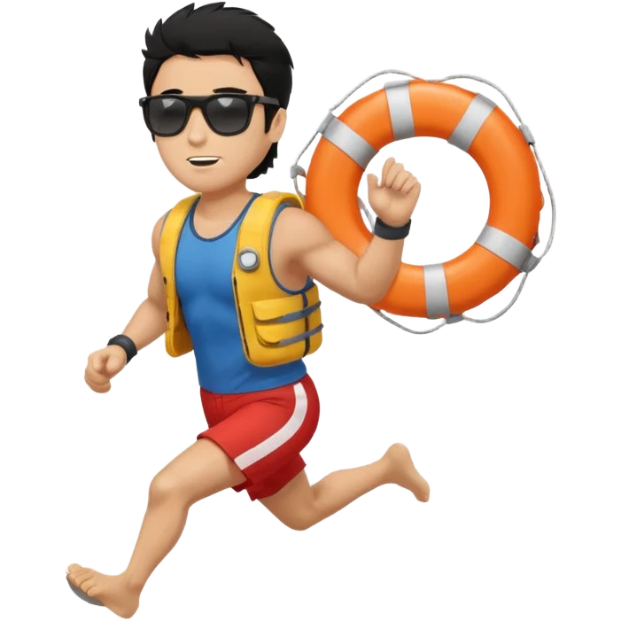 Dark Tan Muscular lifeguard with messy black hair with sunglasses running with life preserver emoji