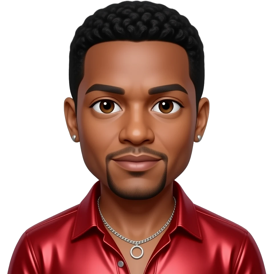Bobby Brown with dark brown eyes, black hair, red metallic shirt, silver necklace and short earrings emoji