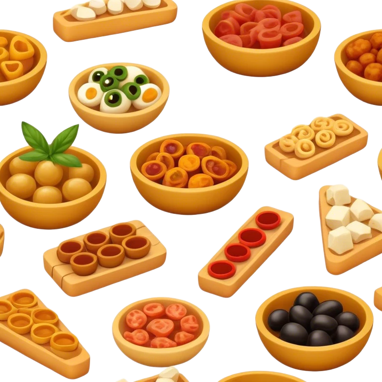 Cinematic Realistic Tapas Dish Emoji, depicted as an assortment of small, flavorful Spanish appetizers rendered with vibrant detail and warm, inviting lighting. emoji