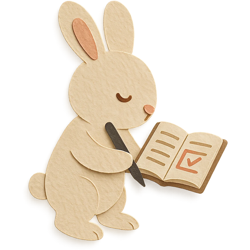 flawless, highly detailed, high quality paper craft style illustration of a cream-colored bunny standing and writing in a planner, perfect proportions, no imperfections, intricate textures, soft lighting, delicate cut-paper details emoji