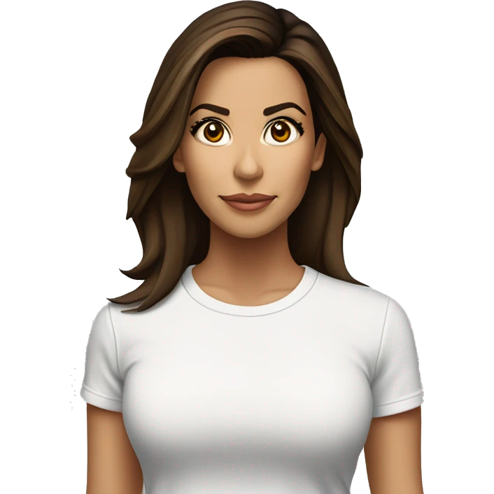 3/4 face, contrasted, shadow, light, Eva Longoria expression, standing from a distance, thin nose, brunette woman, hazel eyes, long eyelashes, dark shoulder shaded hair, white t-shirt, jeans, white sneakers emoji