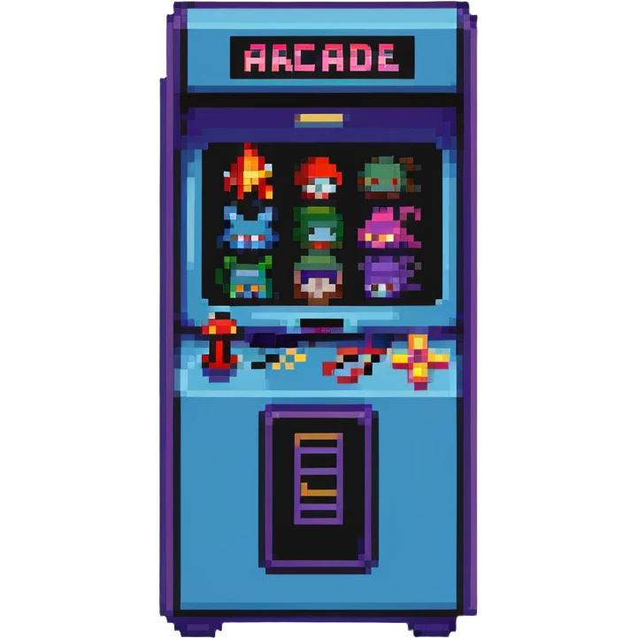 A retro pixel art arcade machine with 8-bit game characters on screen emoji