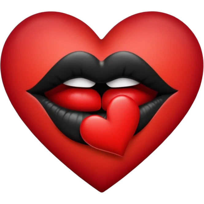 A solid red gradient heart, with three black lipstick kiss marks of different angles printed on it, retro matte texture, high contrast, clean edges, sticker style, 
 emoji