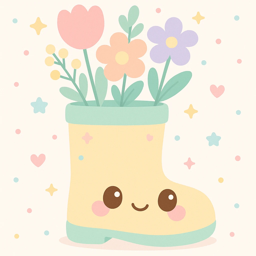 a pastel rain boot filled with blooming spring flowers, kawaii style emoji