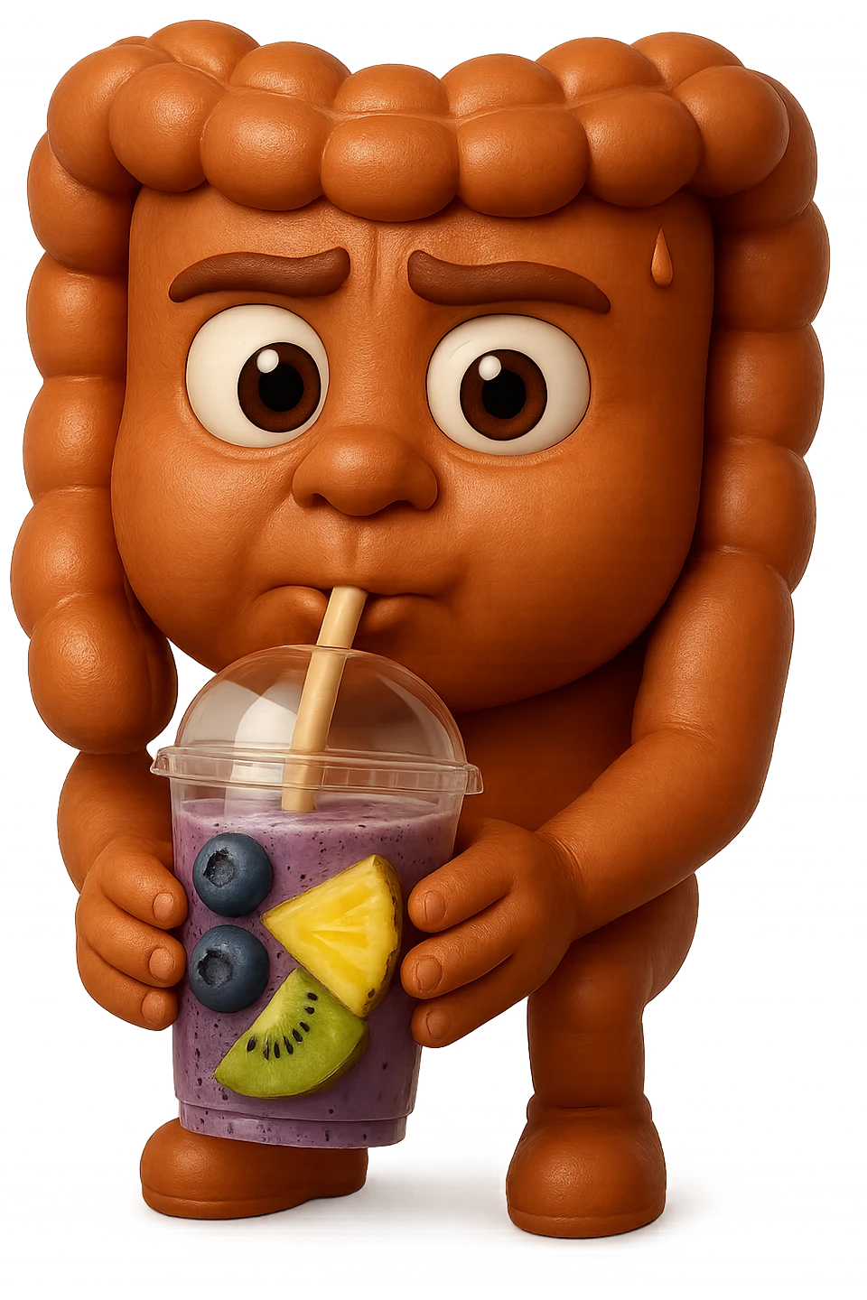 EMOJI STILE IPHONE DI un intestino umano anatomico che beve un frullato di mirtilli, ananas, kiwi, fagli anche la parte bianca degli occhi, non solo le pupille, REALISTICo 4K emoji