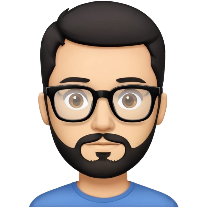 White male with short black hair and a short dark brown beard. Black frame square glasses emoji