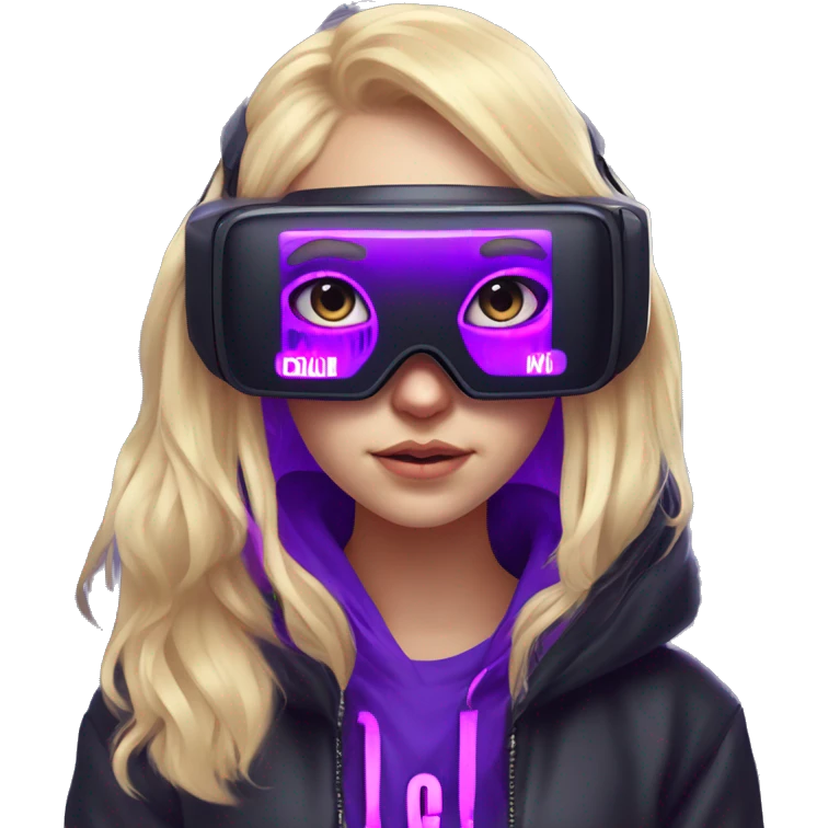 Russian cute blond girl wearing black hoody with violet letters "OMG", in vr headset. Cyberpunk style. Violet neon. emoji