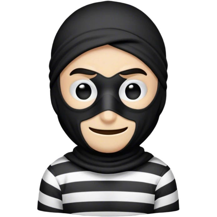 a cartoon-style robber emoji, showing a mischievous face with a black mask covering the eyes, a sly smirk, and a striped black-and-white shirt. the design is simple and clean, with a playful and lighthearted feel emoji