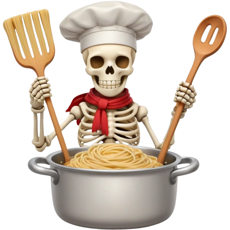 Papyrus from Undertale cooking spaghetti, tall skeleton with red scarf and white armor, enthusiastically stirring pasta in a pot, chef hat emoji