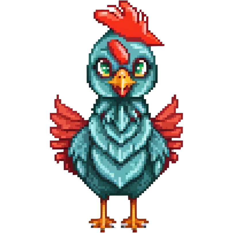 A cute blue-green rooster chicken with big eyes, red comb, small wings, skinny legs, and goofy expression emoji