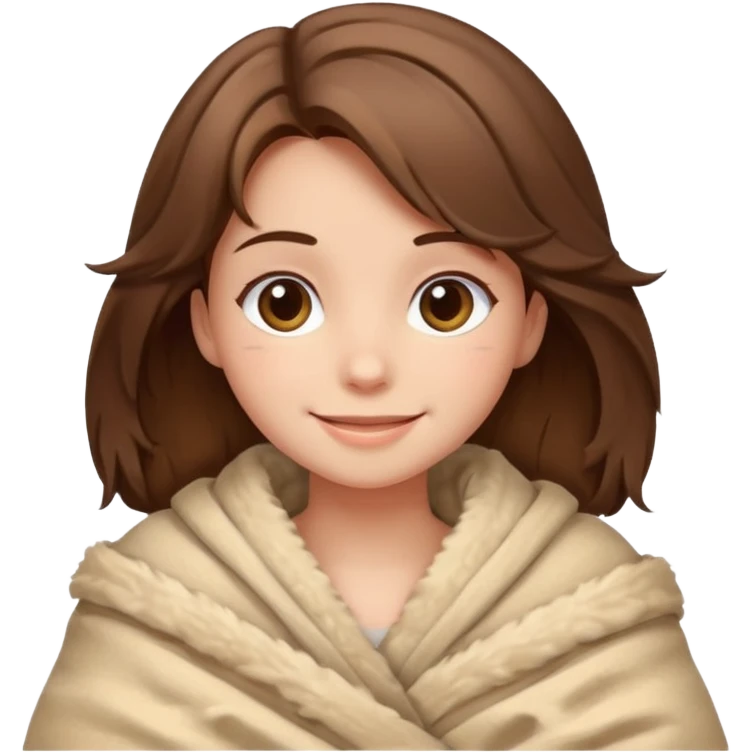 happy brown haired girl wrapped up in fluffy beige blanket emoji
