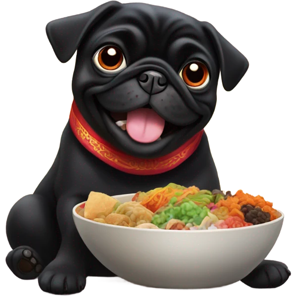 Black pug eating Chinese food emoji