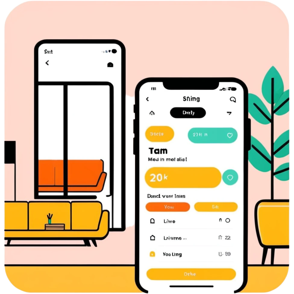 dating app swipe interface on phone but with living room designs instead of people profiles, with swipe left and right indicators emoji