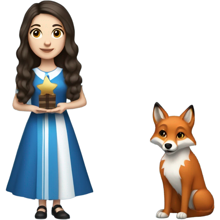 White girl in a dress for Hanukkah with long wavier dark brown hair holding something holiday related with her red fox looking dog  emoji