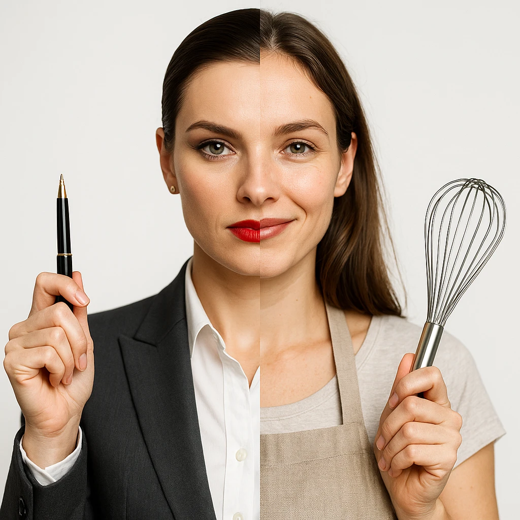 4K hyper realistic split-image of a beautiful woman: left side with bold business makeup, sharp hairstyle, tailored suit, holding a pen; right side natural, relaxed hair, kitchen apron, holding a whisk, warm smile, symmetrical, white background, strong visual contrast, empowering both roles emoji