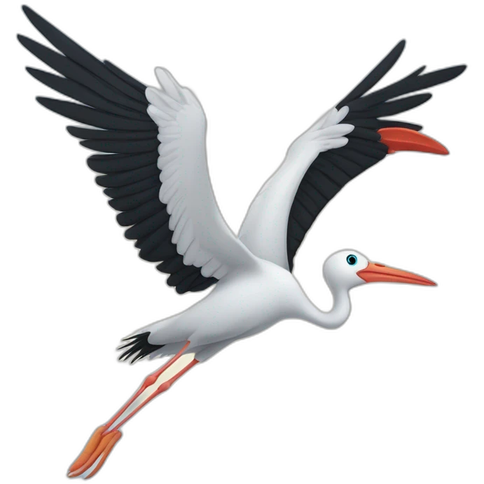  white stork with long legs, a long beak, and black wingtips, flying in the sky and carrying a bundle of blue cloth in its beak and has a cute baby face peeking out from it emoji