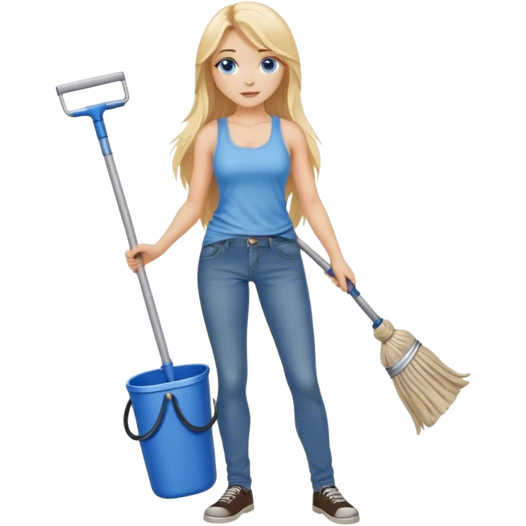  blonde with long hair and blue eyes, dressed in jeans and a tank top, holding a mop in her hands emoji