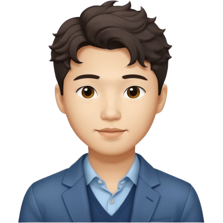 Asian guy wavy Korean hair, dressed cool, demure but with a smirk, getting ready for first date  emoji