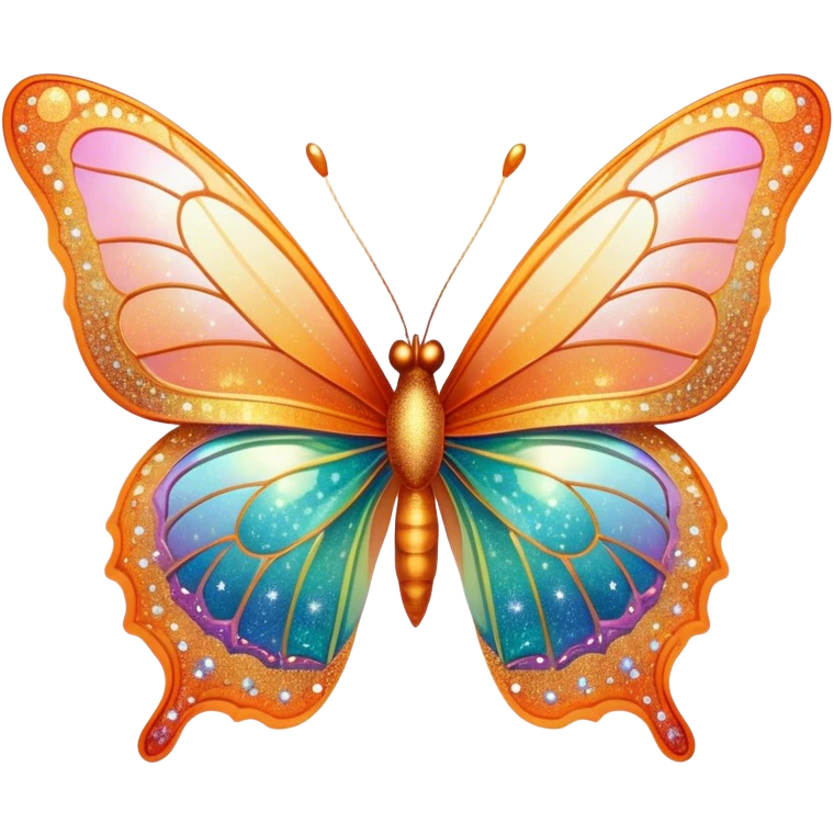 Pastel sparkly orange glittery iridescent rainbow transparent butterfly with detailed intricate patterns emoji