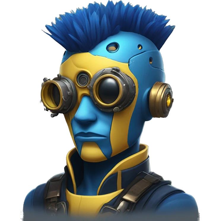Yellow cyborg head with dark blue steampunk goggles and dark blue Mohawk  emoji