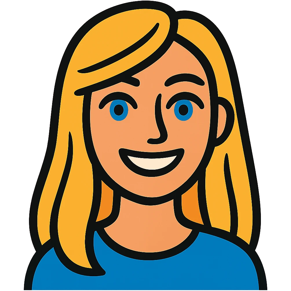 cartoon style portrait of a smiling female with long blonde hair and blue eyes emoji