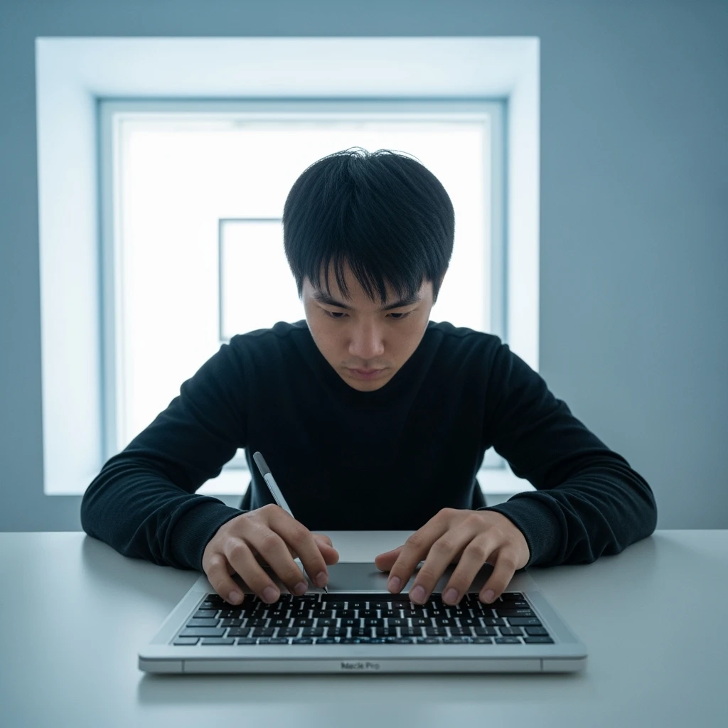 Cinematic still, POV camera, Man writing on macbook pro keyboard, minimalistic environment emoji