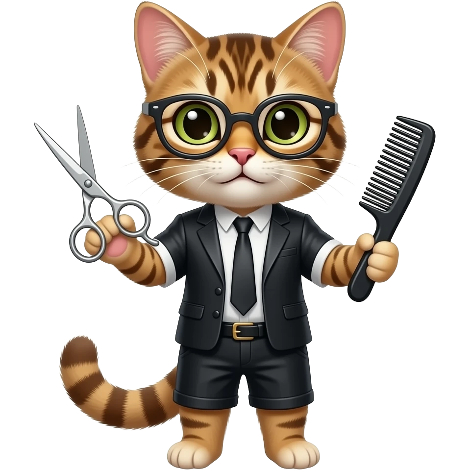 cat Hair Dresser front facing with outfit, holding scissor and comb emoji