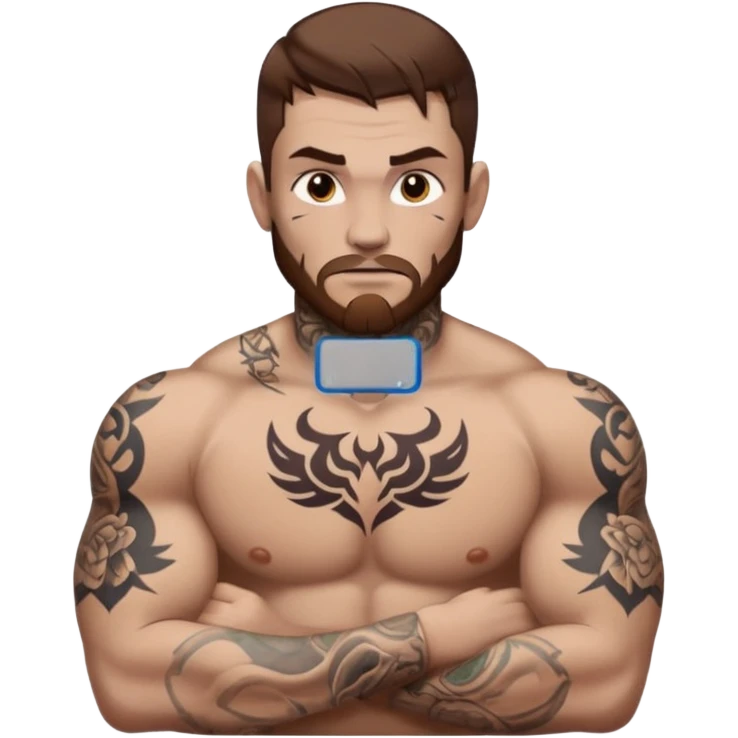 tattoo man, fair white skintone,brown hair, tattoos on face, more visible, bulky man with tattos on his chest, heavy tattoos. emoji