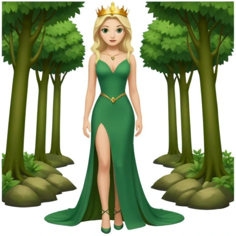 Queen, crown, blonde hair, green eyes, long green tight dress, decoltee,  Leg slit, whole Body, Background forest  emoji