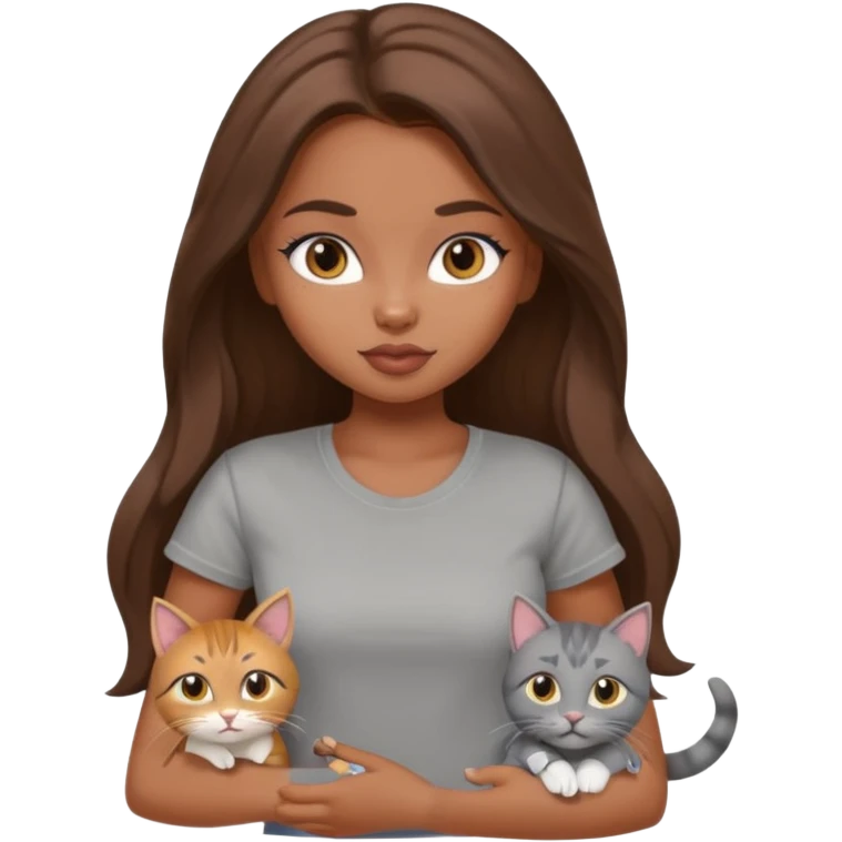 a pretty bratz dusky girl with long brown hair with four cats nd wearing a grey tshirt emoji
