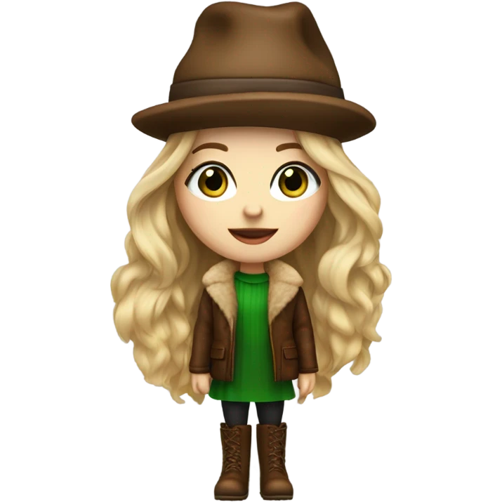 Realistic White girl with Long straight blonde hair, green eyes, tattoos, full body wearing Brown fur coat and fur hat and Brown leather boots emoji