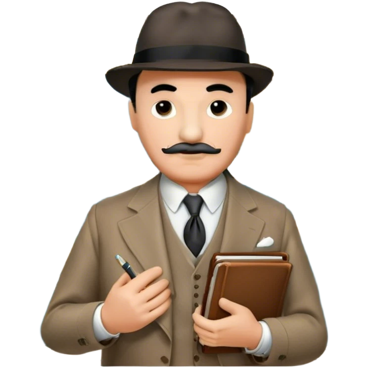 A cinematic-style frame showing Hercule Poirot in his iconic suit with a notebook in a dramatic detective pose. Background should be mysterious city, map, a board with photos of suspects, clues like fingerprints. Transparent background. emoji