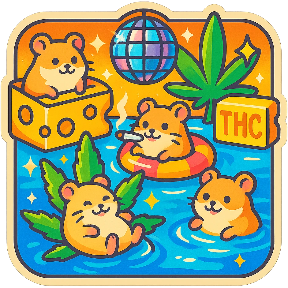 square Discord server icon, retro sticker style, hamsters at a pool party with weed, cheese, THC theme, disco ball, bright nostalgic colors, sparkles, bold outlines, fun pool floats, centered clear playful composition emoji