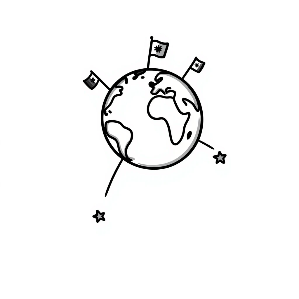 Hand-drawn globe with small country flags from different nations sticking out from the continents emoji