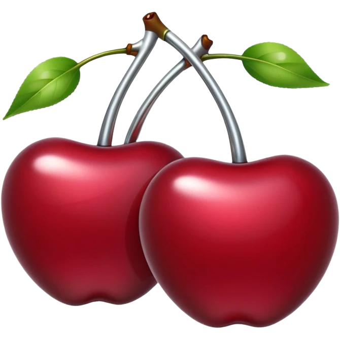 A pair of cherries emoji made of liquid silver chrome, smooth rounded shapes, glossy metallic surface, subtle sensual vibe, luxury sexy aesthetic, iOS emoji style, centered, clean white background emoji