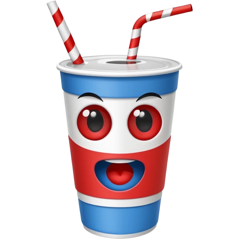 paper coke cup and straw, the cup has eyes and mouth and glassess emoji