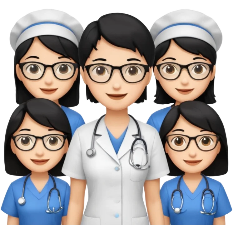 Genera emogis de 4 cuatro enfermeras de cabello negro, una con lentes emoji