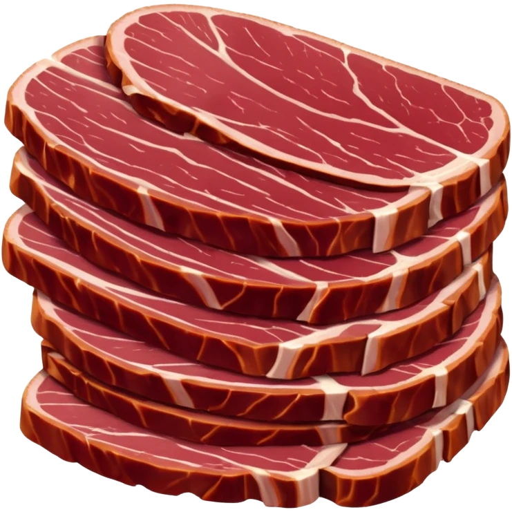 several thin slices of air-dried beef, rich burgundy-red, glossy and smooth, edges darker and curved, visible fine grain, slices overlap, no board or garnish, soft lighting, emoji size emoji