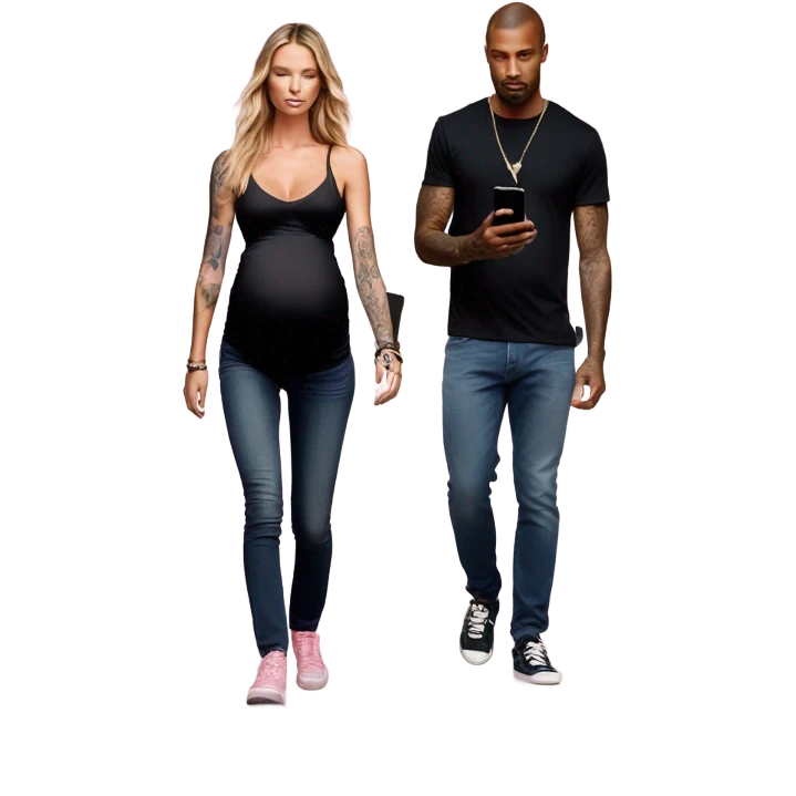 Photo of a Victoria secret model pregnant walking next to a tattooed male model on their cell phones emoji