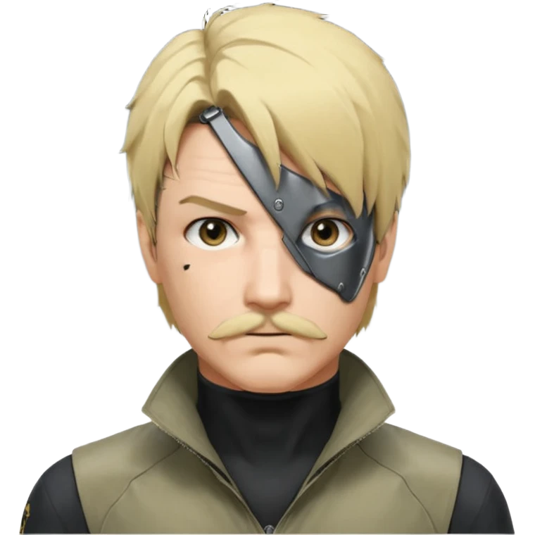 Style : Manga détaillé façon Metal Gear Solid — lignes nettes, ombres douces, couleurs vives. Personnage : cache-œil noir à gauche, cheveux blonds mi-courts avec côtés foncés, yeux marron, moustache fine, sweat clair.  emoji