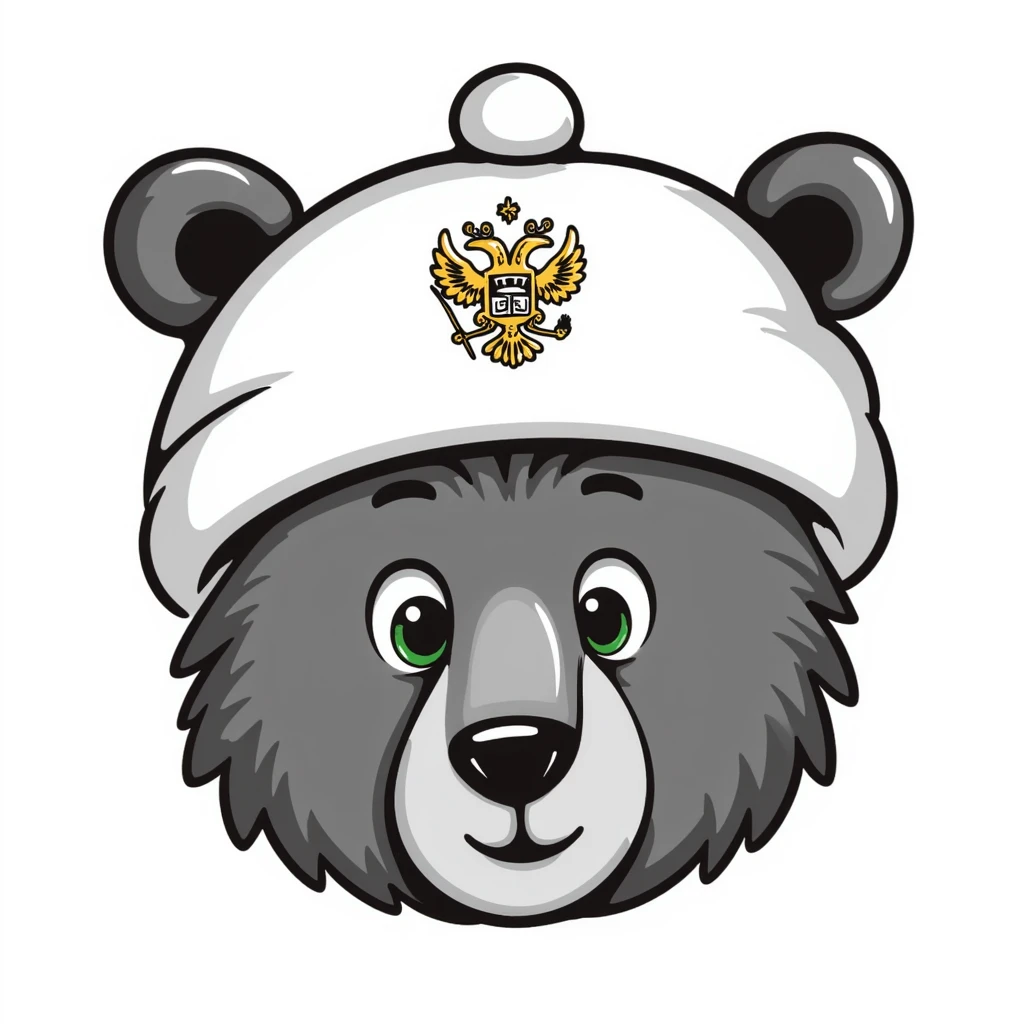 Cute grizzly bear face with green eyes, wearing a white fur hat with golden Russian coat of arms in the middle emoji