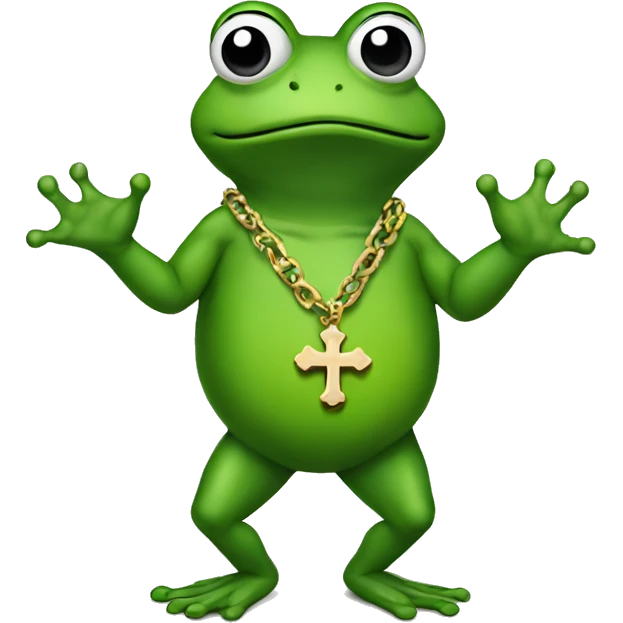 meme frog wearing cross necklace walking on two hands emoji
