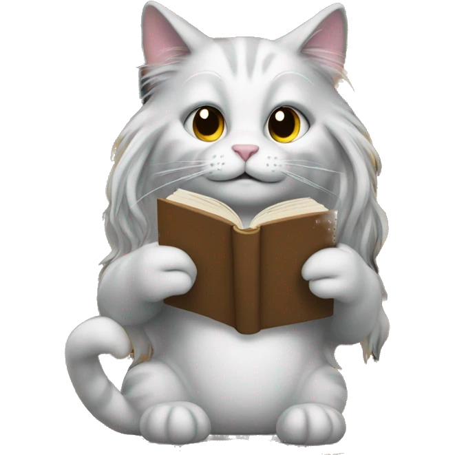 cat with long hair reading a stack of books emoji