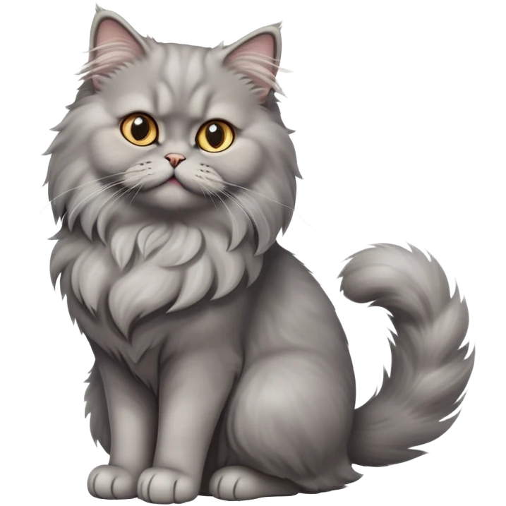 cinematic-[grey persian cat]-realistic-full-body-sitting-emoji,-tail-curled-playfully-around-its-paws,-head-tilted-dramatically,-fluffy-[grey cat]-fur,-simplified-yet-realistic-focused-features,-highly-detailed,-glowing-with-an-almost-sarcastic-glow emoji